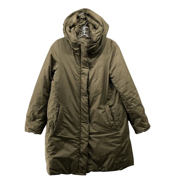 Muji Down Coat Jacket Mens XS Womens S Olive Green Longline Hooded Puffer - Picture 1 of 10